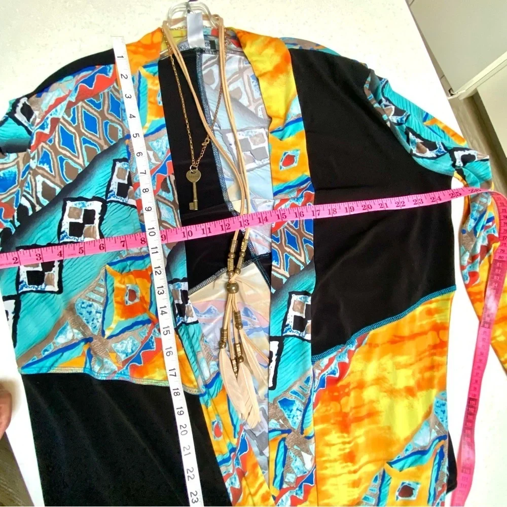 Funky patchwork vibe open front boho cardigan w resort vacay feel - Picture 10 of 10
